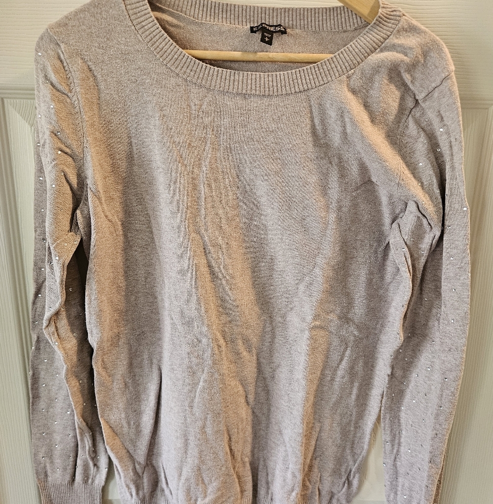Express Tan Women's Crew Neck Sweater With Rhinestone Accents